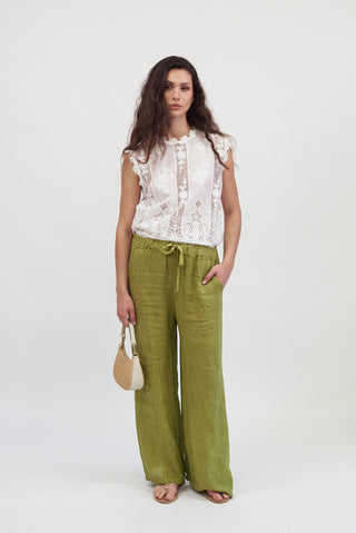 Pantalone 100% Lino Verde olio|Colore:Verde olio
