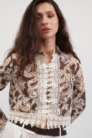 Camicia Alamari Ricamata beige/moro|Colore:Beige/moro