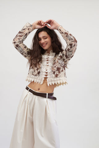 Camicia Alamari Ricamata beige/moro|Colore:Beige/moro