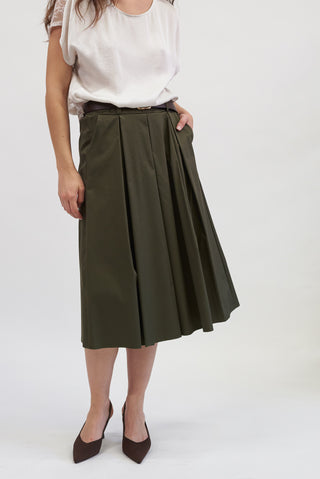 Gonna Trapezio con Cintura Verde militare|Colore:Verde militare