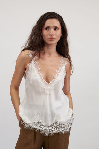 Top in Satin e Pizzo Panna|Colore:Panna