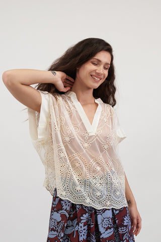 Blusa Pizzo Scollo a V beige|Colore:Beige