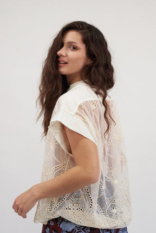 Blusa Pizzo Scollo a V beige|Colore:Beige
