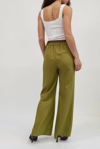 Pantalone Palazzo Misto Lino con Cintura verde olio|Colore:Verde olio