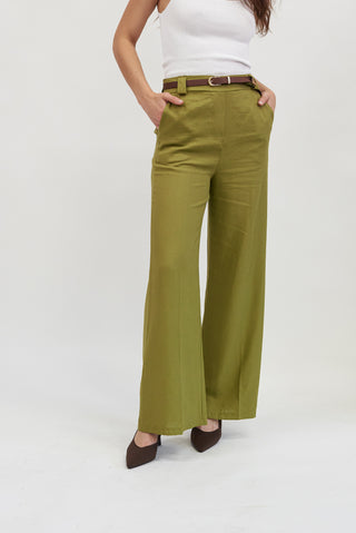Pantalone Palazzo Misto Lino con Cintura verde olio|Colore:Verde olio