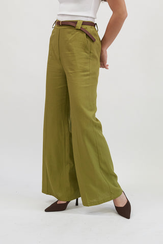 Pantalone Palazzo Misto Lino con Cintura verde olio|Colore:Verde olio