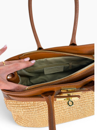 Borsa a spalla Pelle e Rafia camel|Colore:Camel