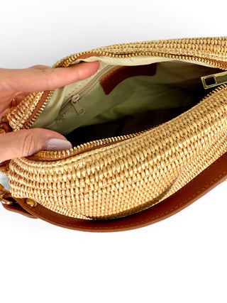 Borsa Spalla Pelle e Rafia camel|Colore:Camel