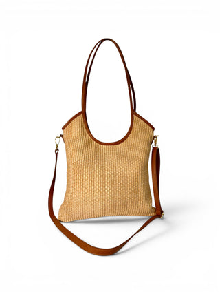 Borsa Tote Pelle e Rafia camel|Colore:Camel