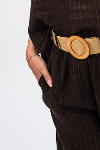 Pantalone Gessato con Cintura Misto Lino moro|Colore:Moro