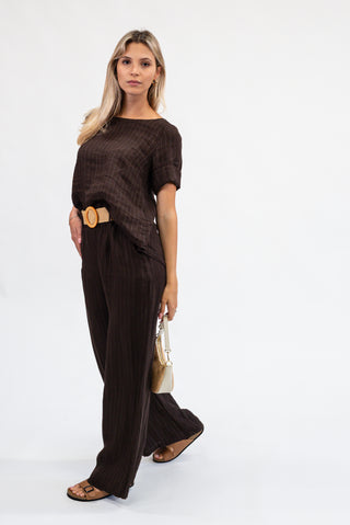 Pantalone Gessato con Cintura Misto Lino moro|Colore:Moro
