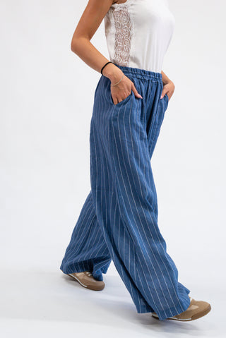 Pantalone Gessato 100% Lino Jeans|Colore:Jeans