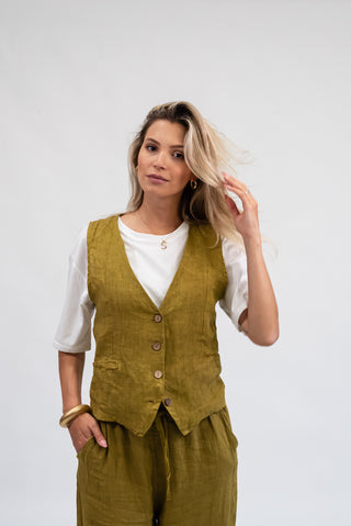 Gilet 100% Lino verde olio|Colore:Verde olio