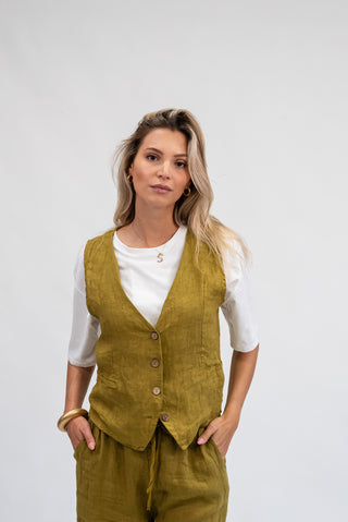 Gilet 100% Lino verde olio|Colore:Verde olio