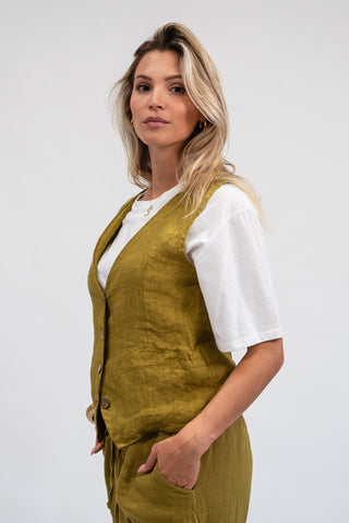 Gilet 100% Lino verde olio|Colore:Verde olio