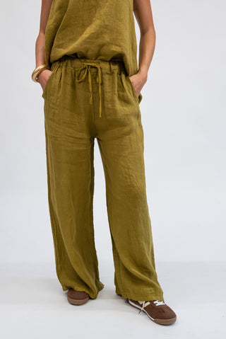 Pantalone 100% Lino Verde olio|Colore:Verde olio