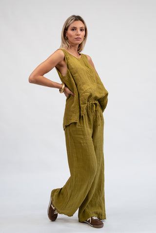 Pantalone 100% Lino Verde olio|Colore:Verde olio