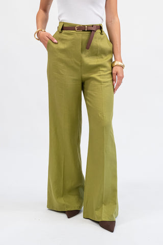 Pantalone Palazzo Misto Lino con Cintura Verde olio|Colore:Verde olio