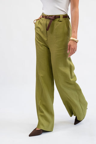 Pantalone Palazzo Misto Lino con Cintura Verde olio|Colore:Verde olio