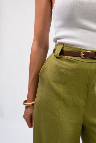 Pantalone Palazzo Misto Lino con Cintura Verde olio|Colore:Verde olio