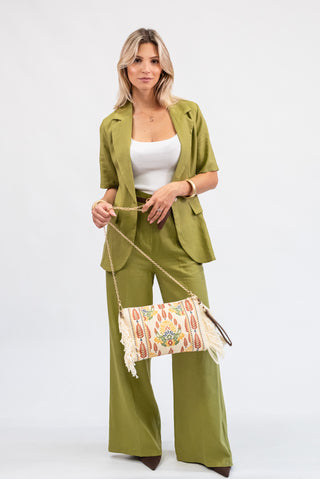 Pantalone Palazzo Misto Lino con Cintura Verde olio|Colore:Verde olio