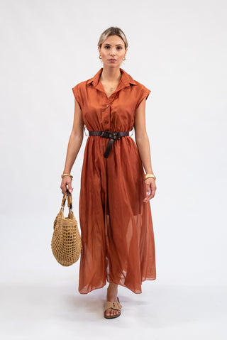 Abito Tencel con Cintura  coccio|Colore:Coccio