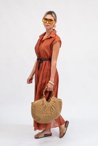 Abito Tencel con Cintura  coccio|Colore:Coccio