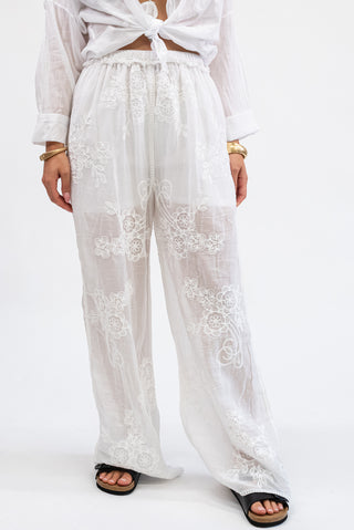 Pantalone Ricamato in Cotone  bianco|Colore:Bianco