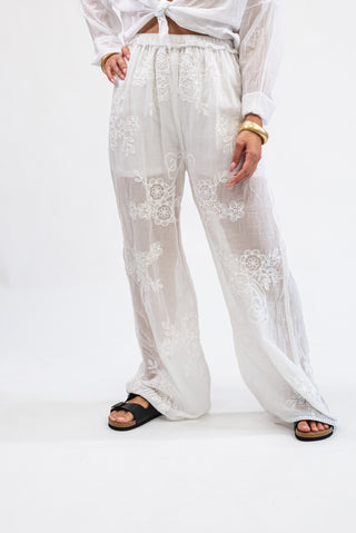 Pantalone Ricamato in Cotone  bianco|Colore:Bianco