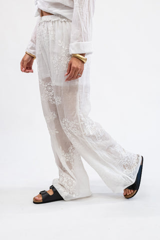 Pantalone Ricamato in Cotone  bianco|Colore:Bianco