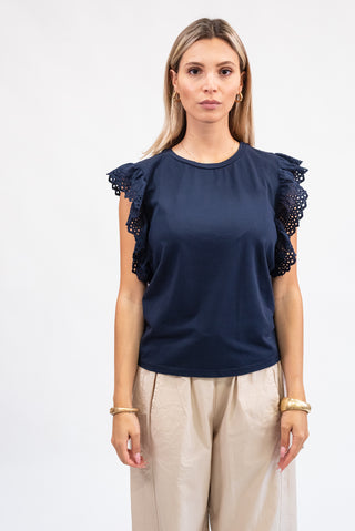 Maglia Cotone con Manica Sangallo blu|Colore:Blu