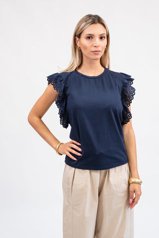 Maglia Cotone con Manica Sangallo blu|Colore:Blu