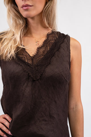 Canotta 100% Lino con Pizzo moro|Colore:Moro