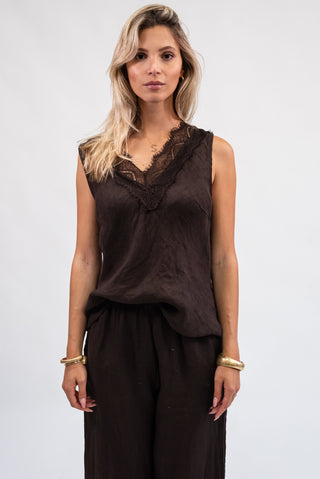 Canotta 100% Lino con Pizzo moro|Colore:Moro