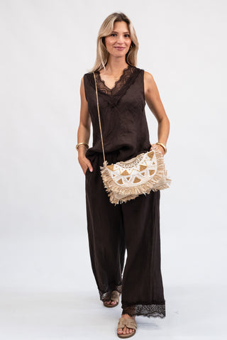 Canotta 100% Lino con Pizzo moro|Colore:Moro