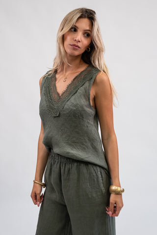 Canotta 100% Lino con Pizzo verde militare|Colore:Verde militare