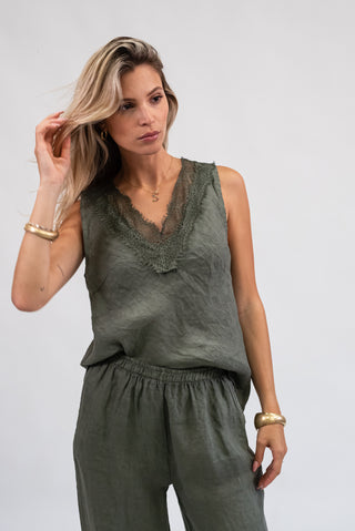 Canotta 100% Lino con Pizzo verde militare|Colore:Verde militare
