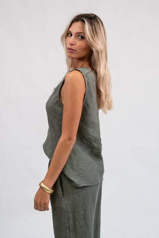 Canotta 100% Lino con Pizzo verde militare|Colore:Verde militare