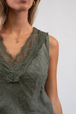 Canotta 100% Lino con Pizzo verde militare|Colore:Verde militare