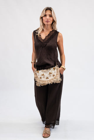 Pantalone 100% Lino con Pizzo moro|Colore:Moro