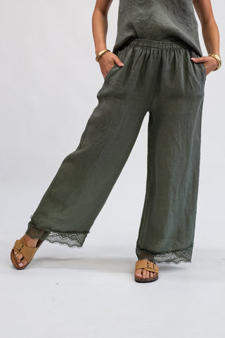 Pantalone 100% Lino con Pizzo verde militare|Colore:Verde militare