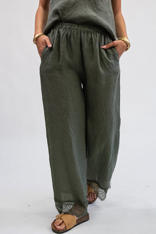 Pantalone 100% Lino con Pizzo verde militare|Colore:Verde militare
