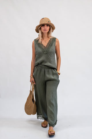 Pantalone 100% Lino con Pizzo verde militare|Colore:Verde militare