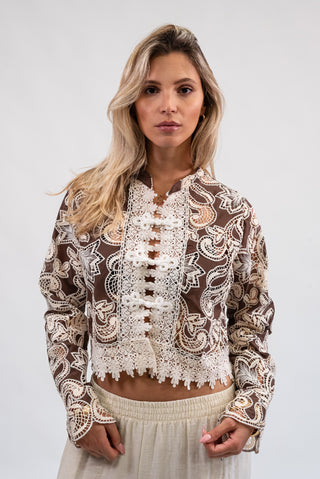 Camicia Alamari Ricamata beige/moro|Colore:Beige/moro