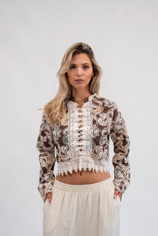 Camicia Alamari Ricamata beige/moro|Colore:Beige/moro