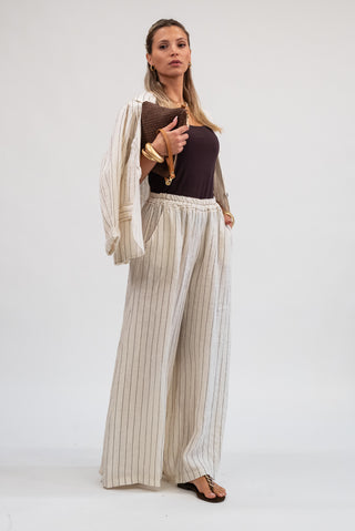 Pantalone Gessato 100% Lino Panna|Colore:Panna