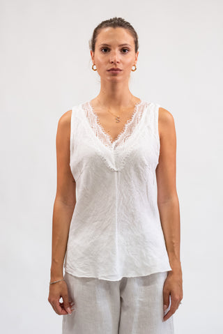 Canotta 100% Lino con Pizzo bianco|Colore:Bianco