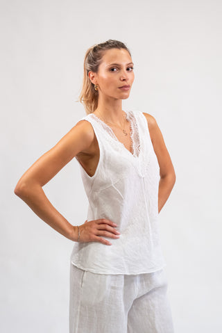 Canotta 100% Lino con Pizzo bianco|Colore:Bianco