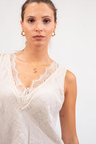 Canotta 100% Lino con Pizzo beige|Colore:Beige