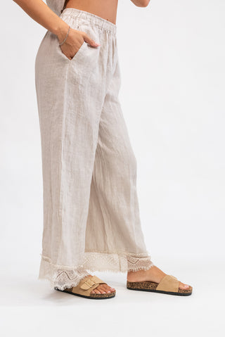 Pantalone 100% Lino con Pizzo beige|Colore:Beige